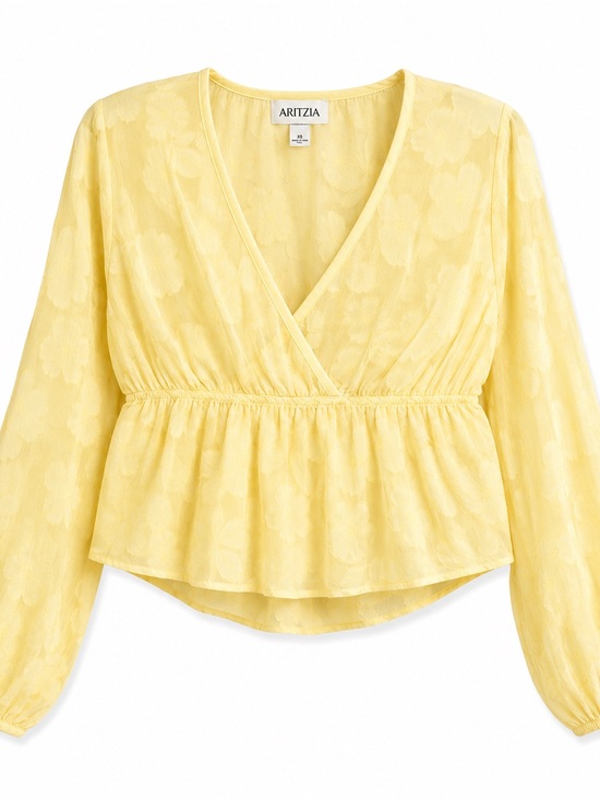 Aritzia Tops - Aritzia Yellow Floral Jacquard V-Neck Peplum Blouse